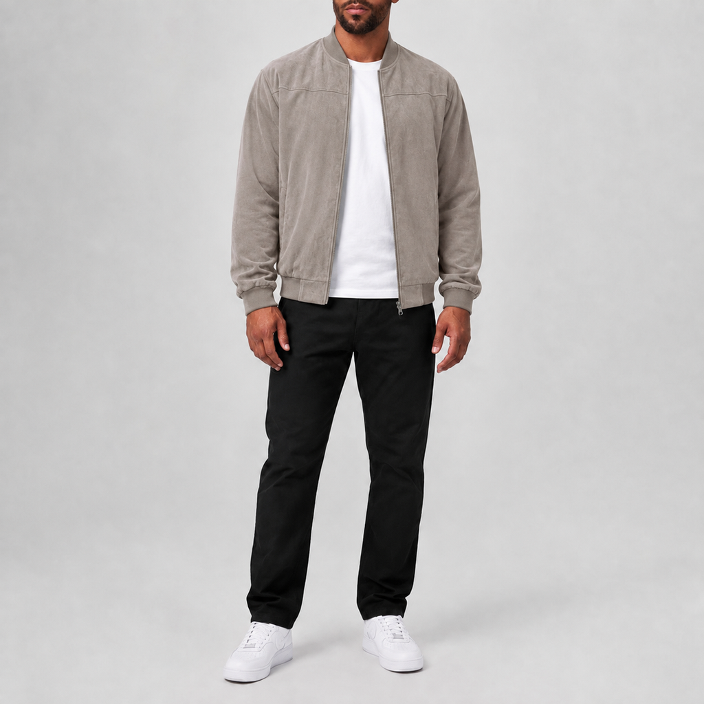 Stylish Suede Zip-Up Casual Jacket Khaki