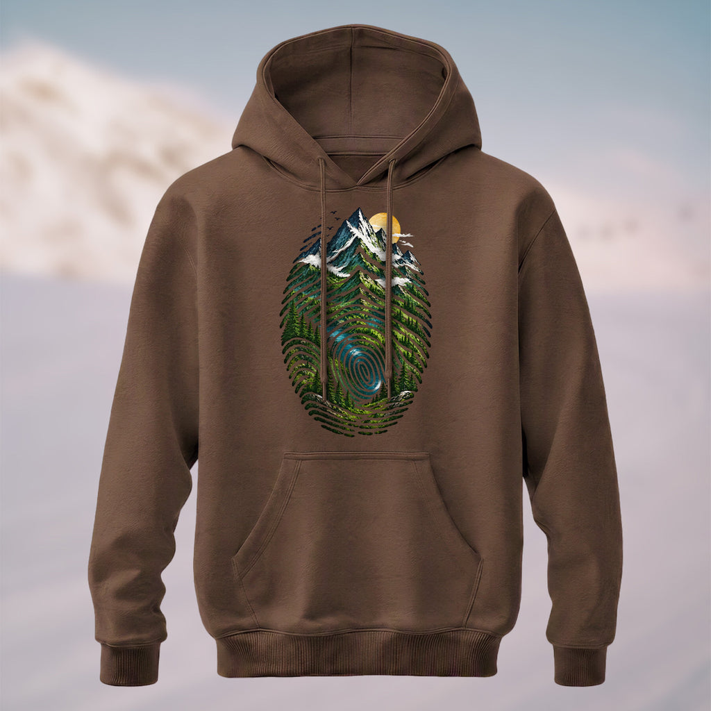 Cotton Made Artistic Mountain Fingerprint Hoodie Coffee