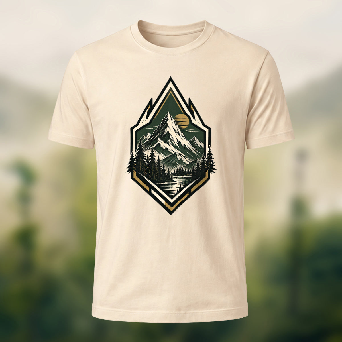 Vintage Wilderness Mountain Badge Cotton T-Shirt Beige
