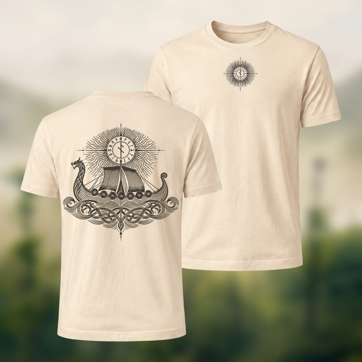 Viking Longship Print Casual Cotton T-Shirt Beige