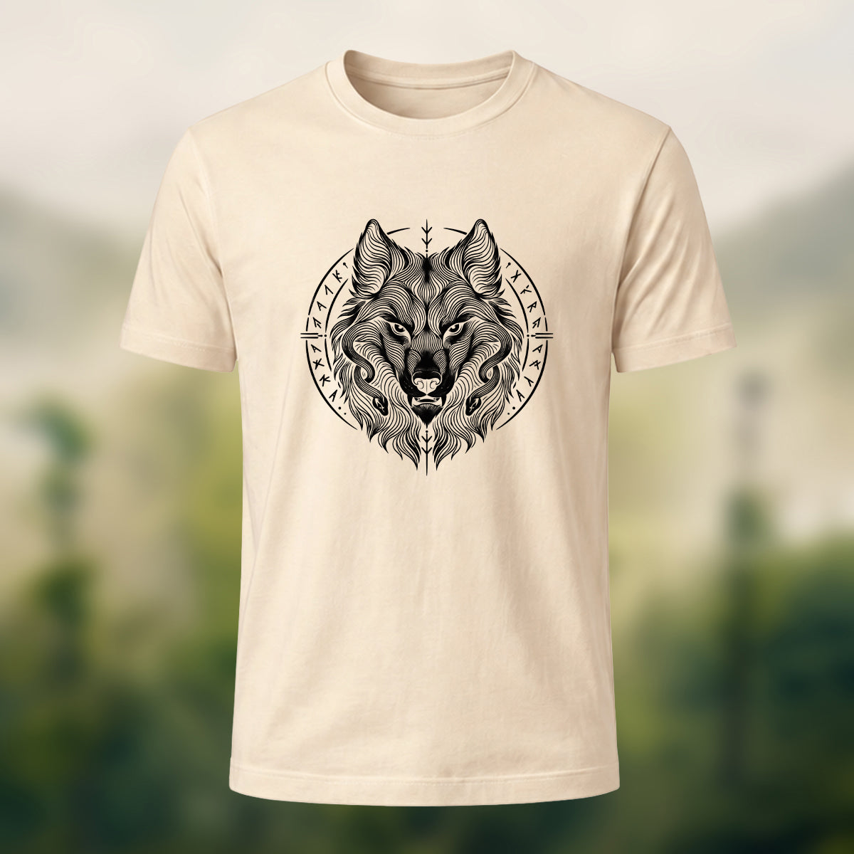 Viking Wolf Print Casual Cotton T-Shirt Beige