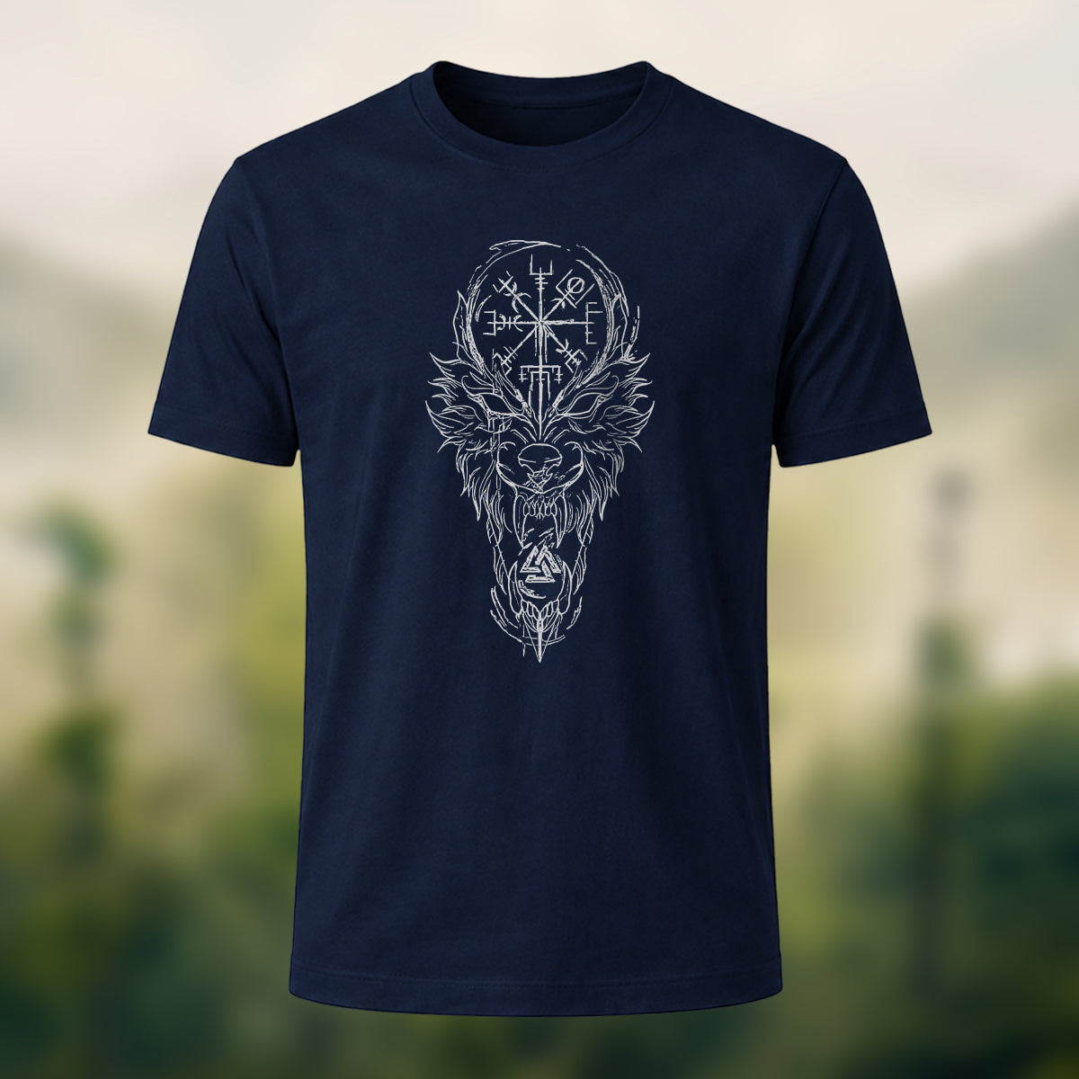 Nordic Wolf Print Casual Soft Cotton T-Shirt Navy