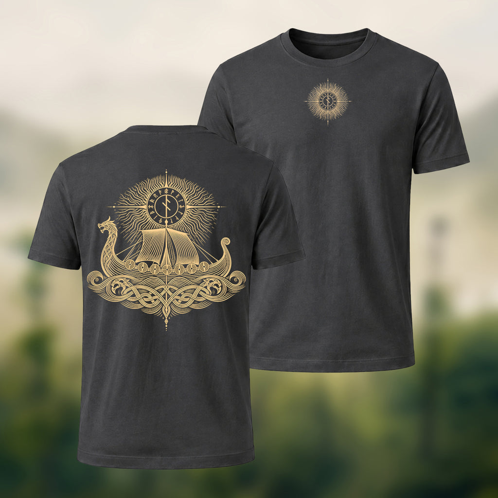 Viking Longship Print Casual Cotton T-Shirt Charcoal