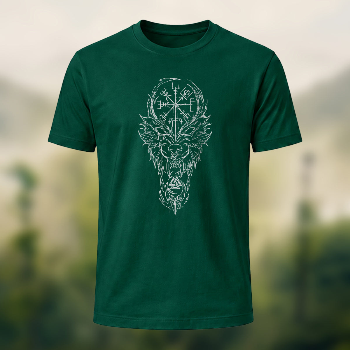 Nordic Wolf Print Casual Soft Cotton T-Shirt Forest Green