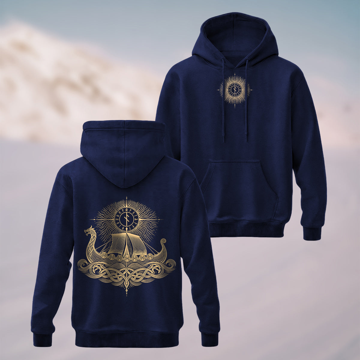 Cotton Made Norse Viking Longship Hoodie Navy