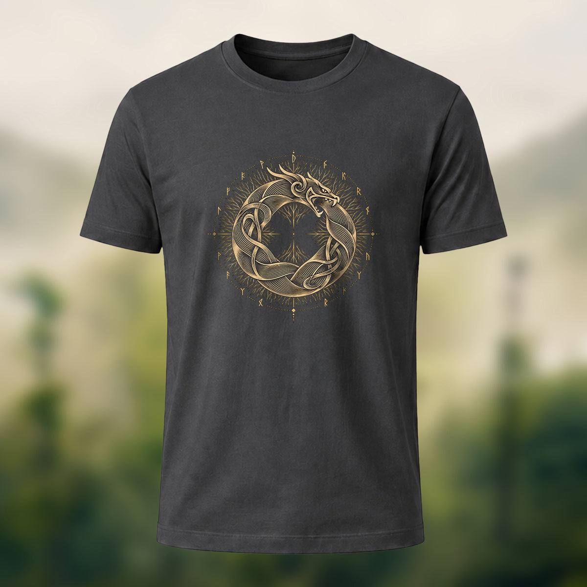 Viking Dragon Print Casual Cotton T-Shirt Charcoal