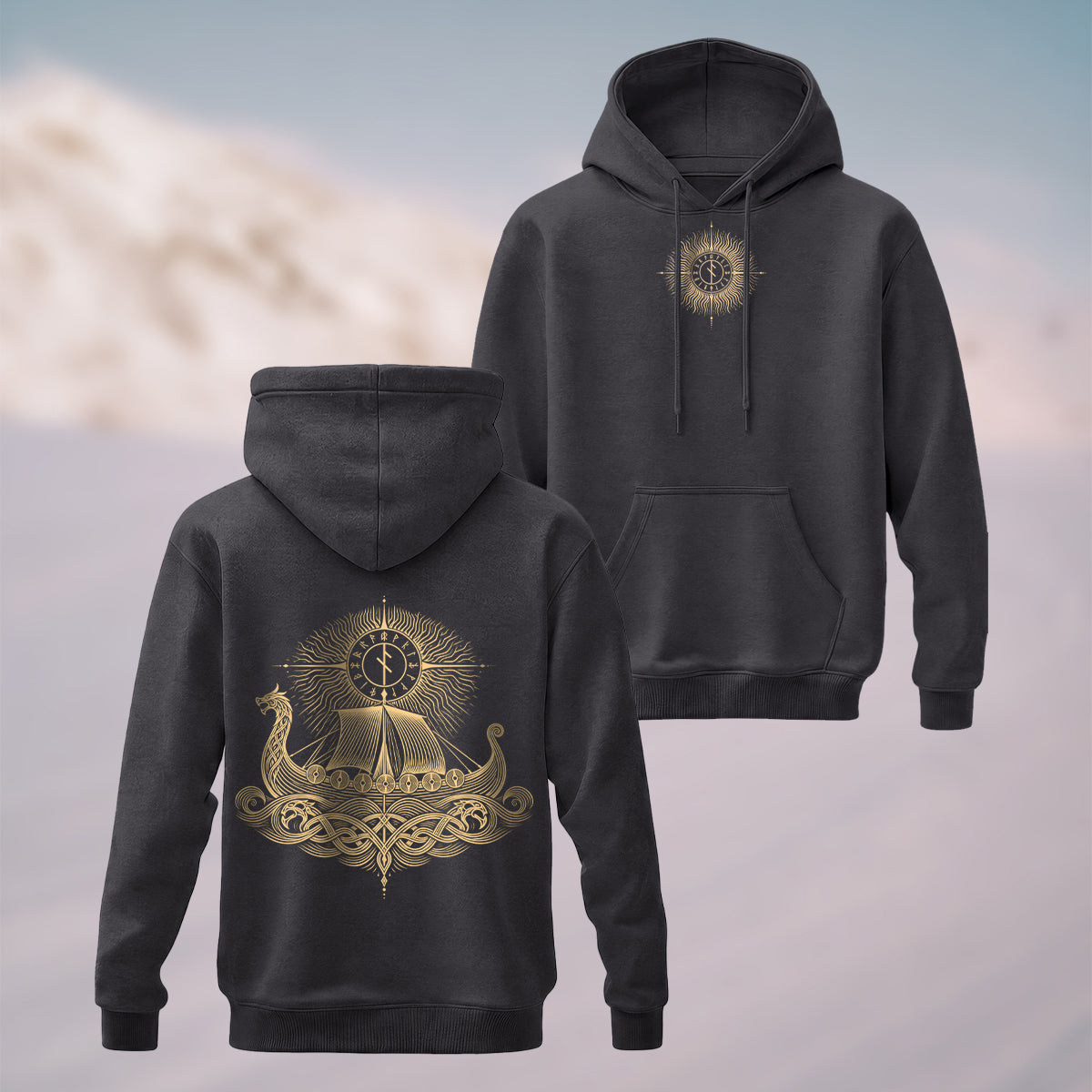 Cotton Made Norse Viking Longship Hoodie Charcoal