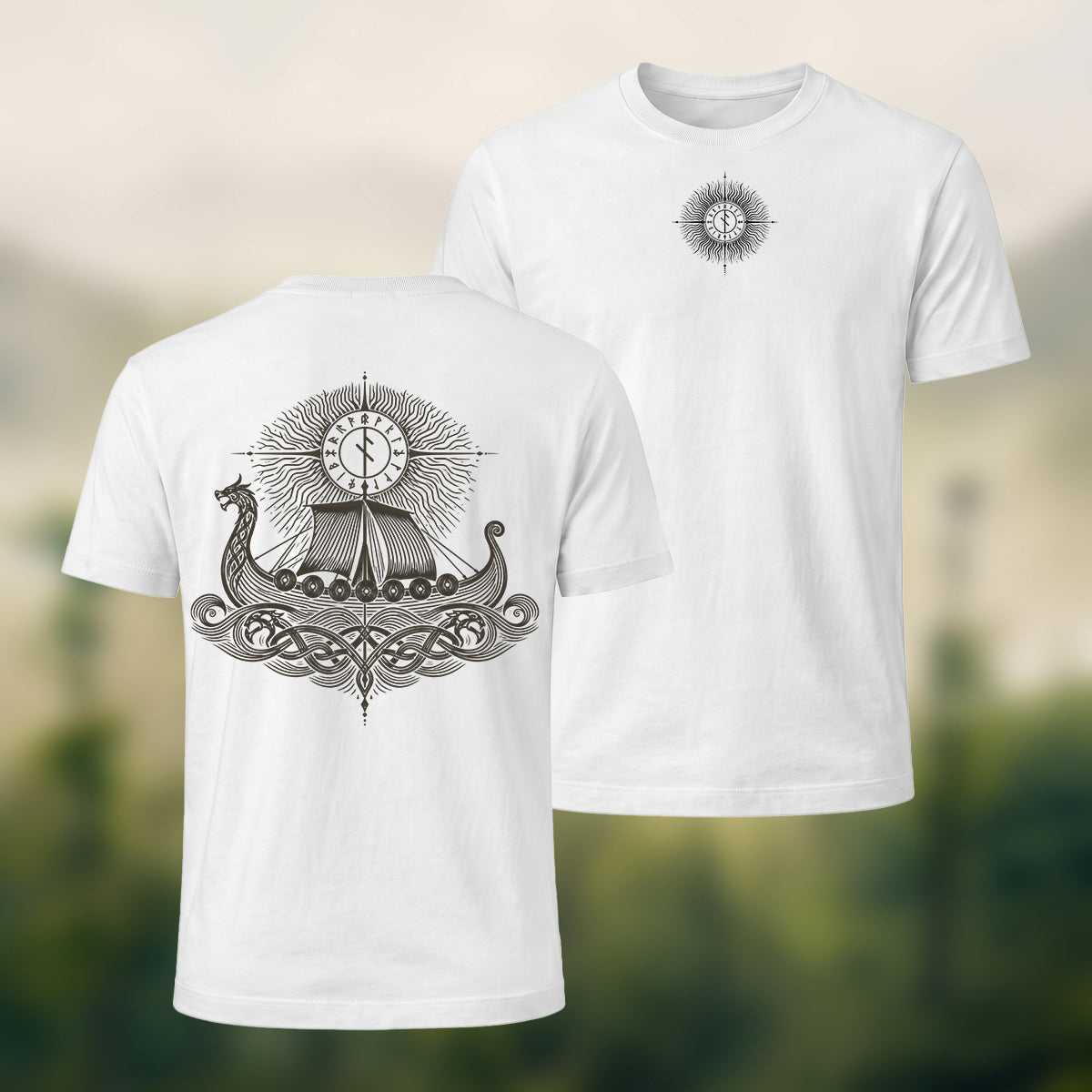 Viking Longship Print Casual Cotton T-Shirt White