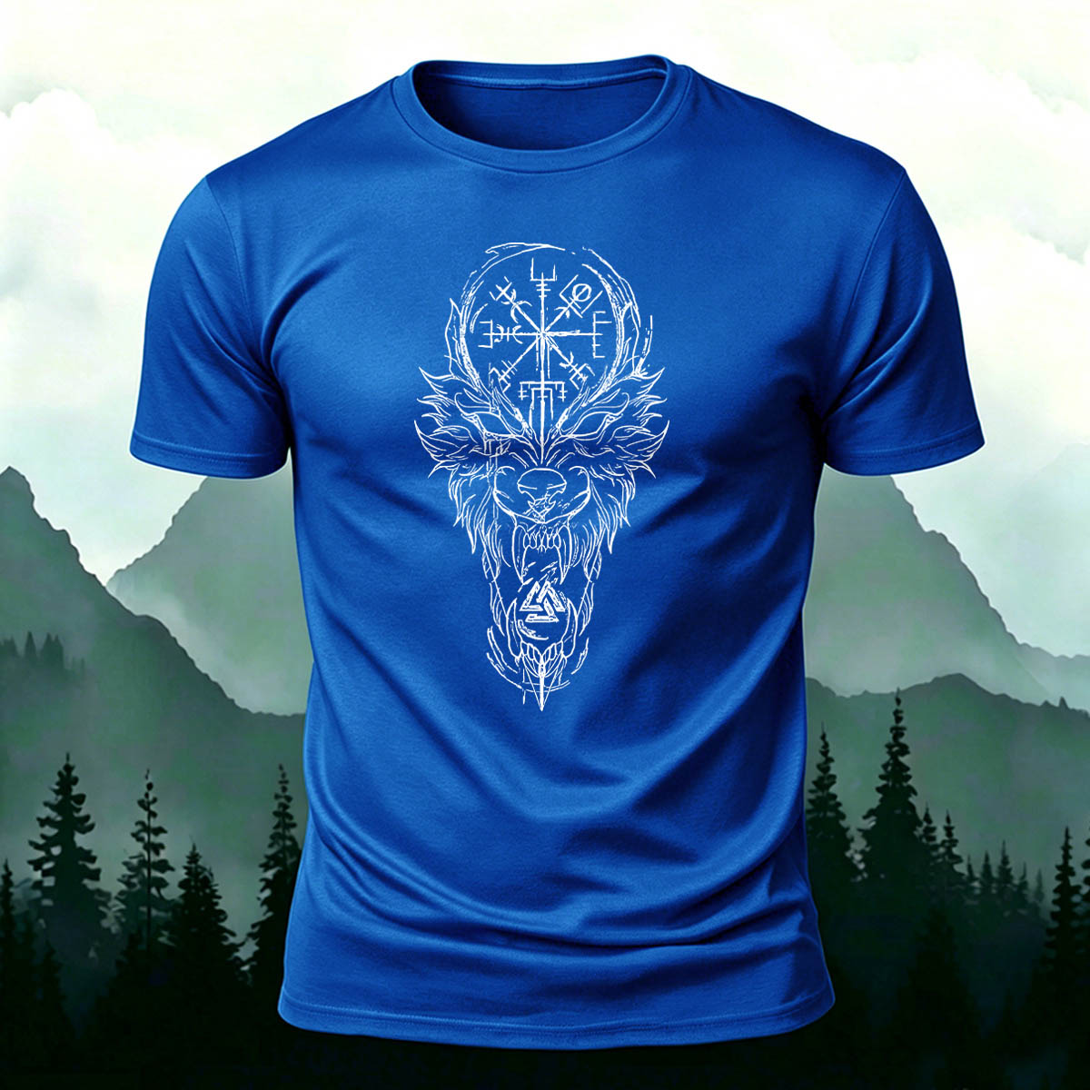 Nordic Wolf Print Casual Soft Cotton T-Shirt Royal Blue