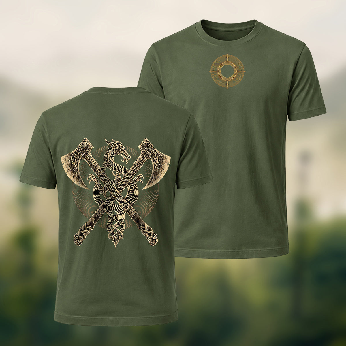 Vintage Viking Axe Print Premium Cotton T-Shirt Olive Green