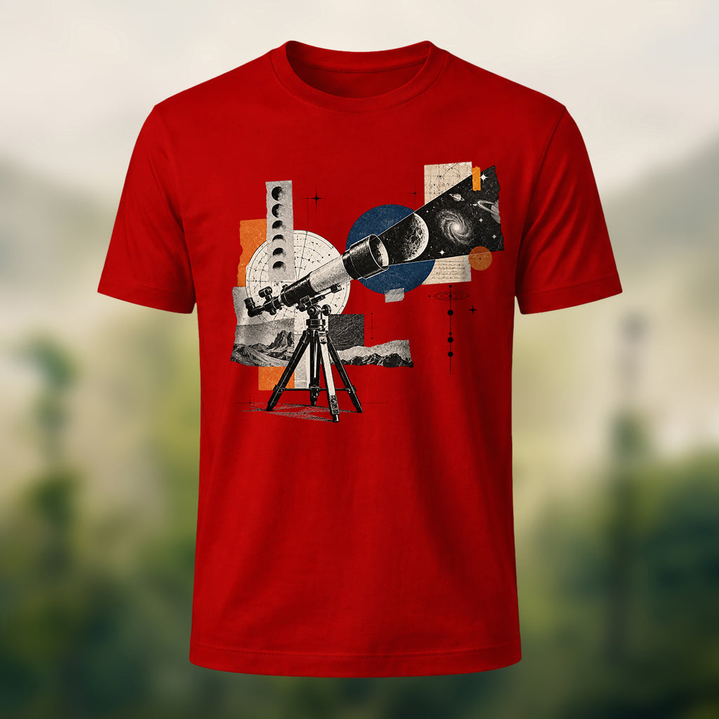 Vintage Stargazing Telescope Combed Cotton T-Shirt Red