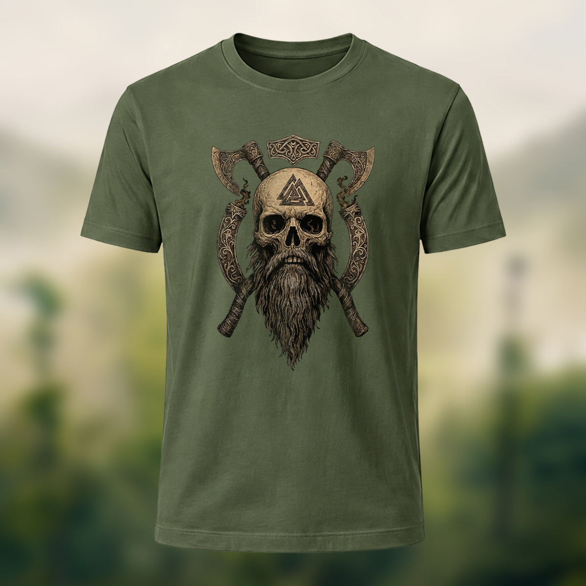 Nordic Warrior Skeleton Print Casual Soft Cotton T-Shirt Olive Green