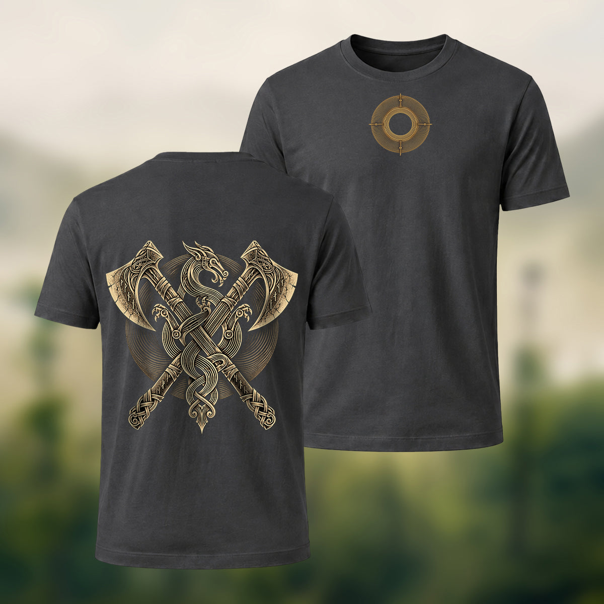 Vintage Viking Axe Print Premium Cotton T-Shirt Charcoal