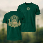 Viking Longship Print Casual Cotton T-Shirt Forest Green