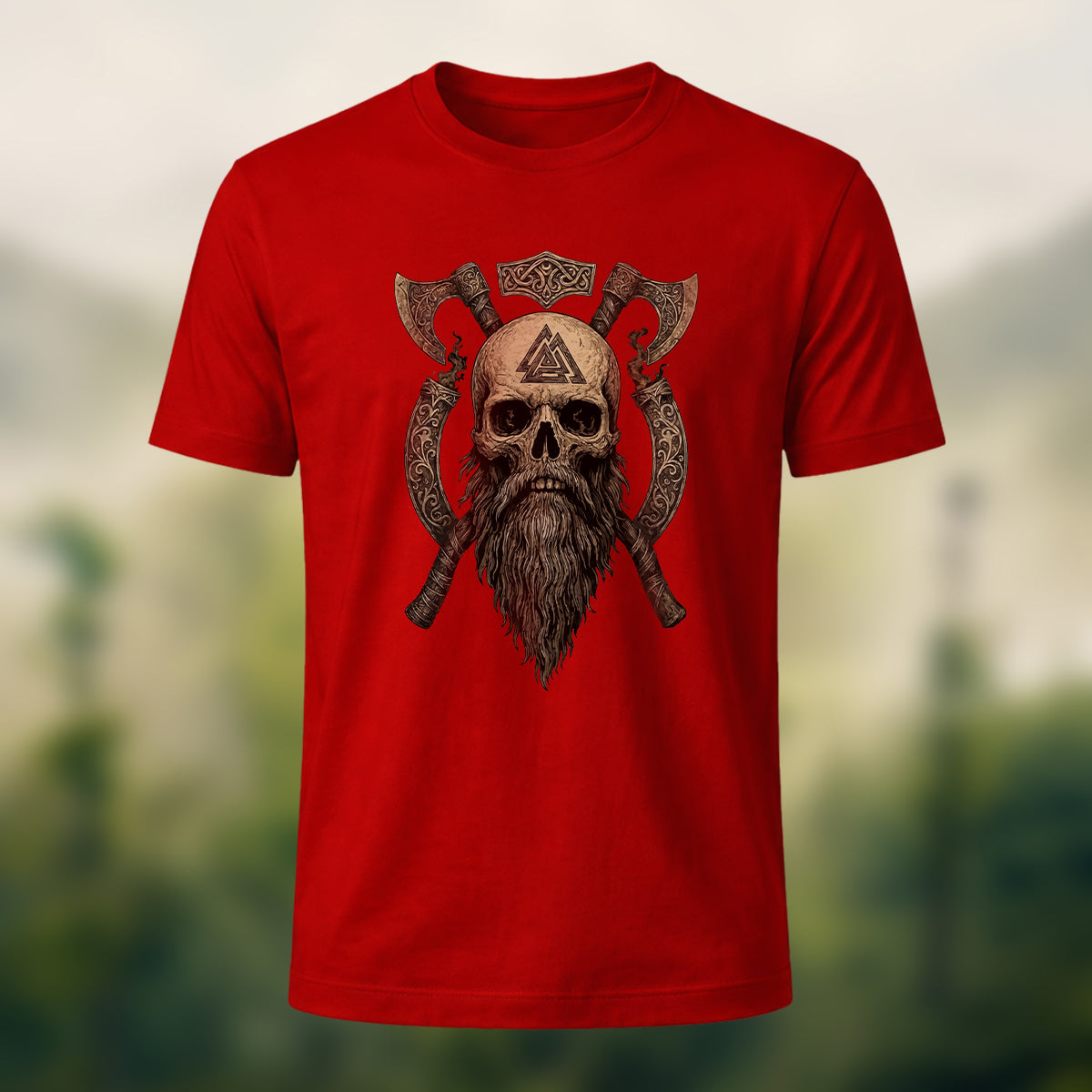 Nordic Warrior Skeleton Print Casual Soft Cotton T-Shirt Red