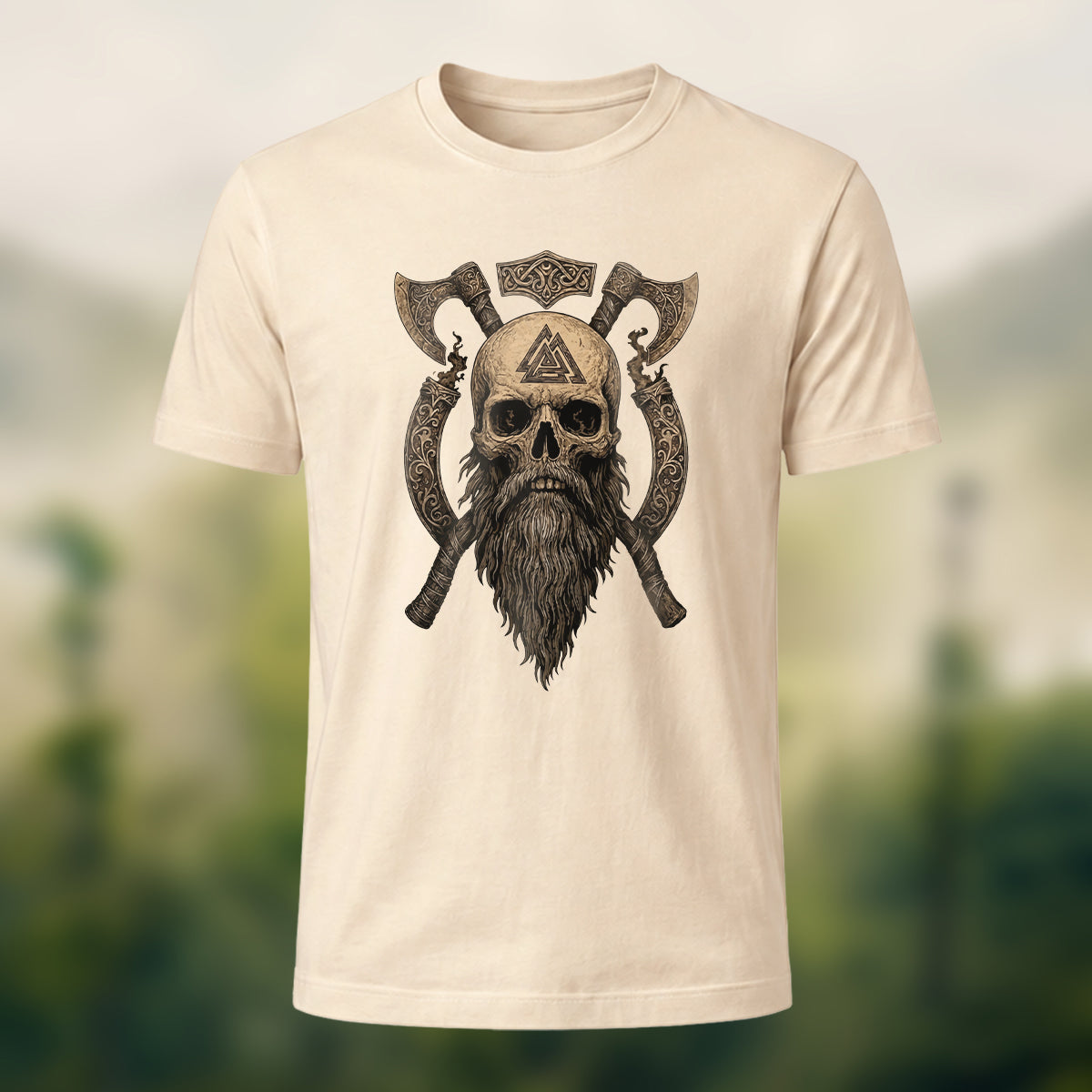 Nordic Warrior Skeleton Print Casual Soft Cotton T-Shirt Beige