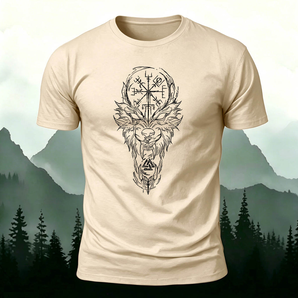 Nordic Wolf Print Casual Soft Cotton T-Shirt Beige