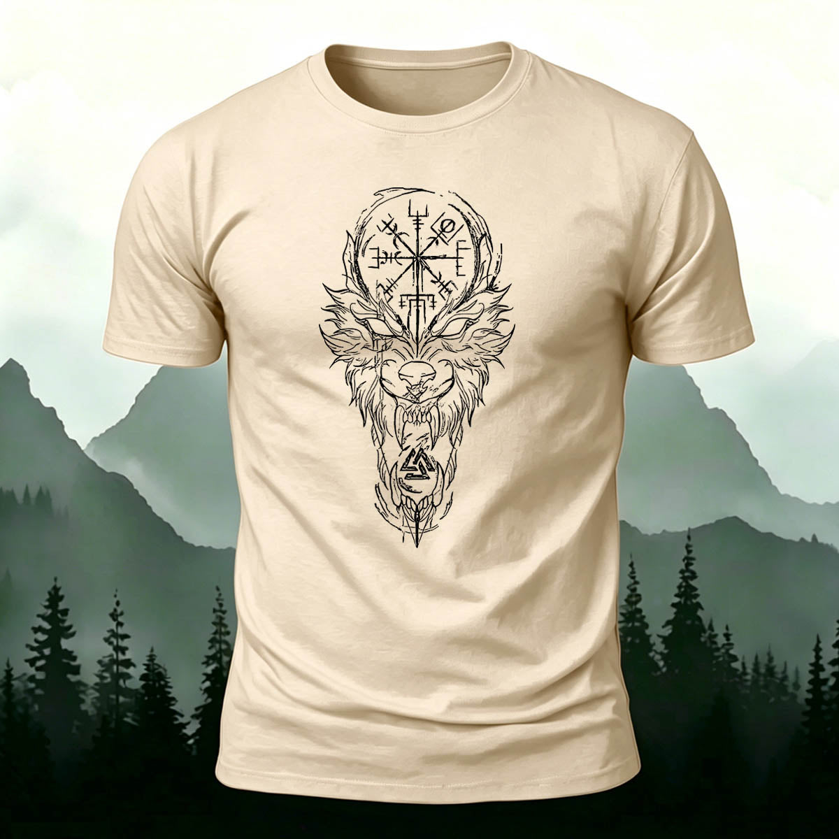 Nordic Wolf Print Casual Soft Cotton T-Shirt Beige
