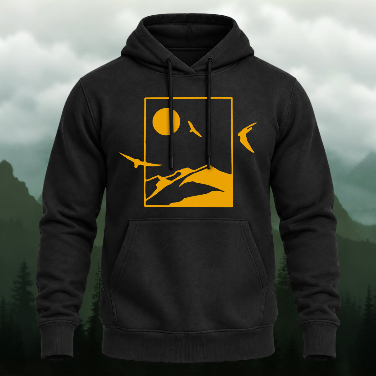 Cotton Made Mountain Bird Silhouette Hoodie Black