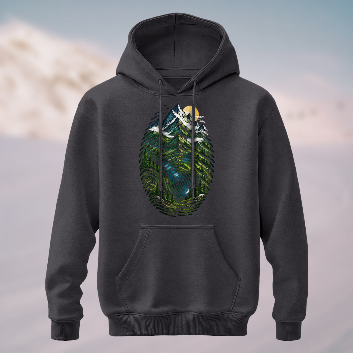 Cotton Made Artistic Mountain Fingerprint Hoodie Charcoal