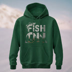 Cotton Made Vintage Fish On Outdoor Hoodie Forest Green