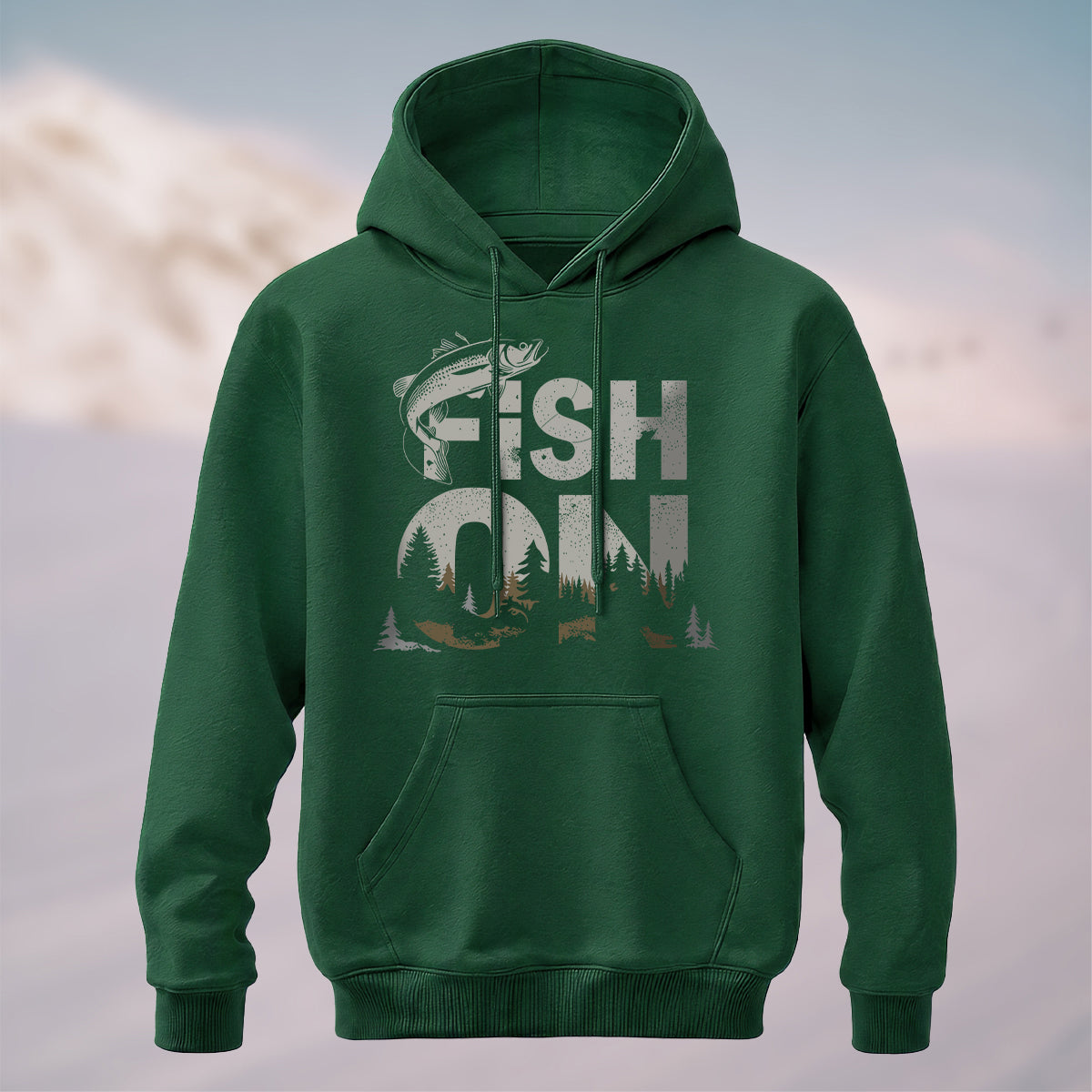 Cotton Made Vintage Fish On Outdoor Hoodie Forest Green