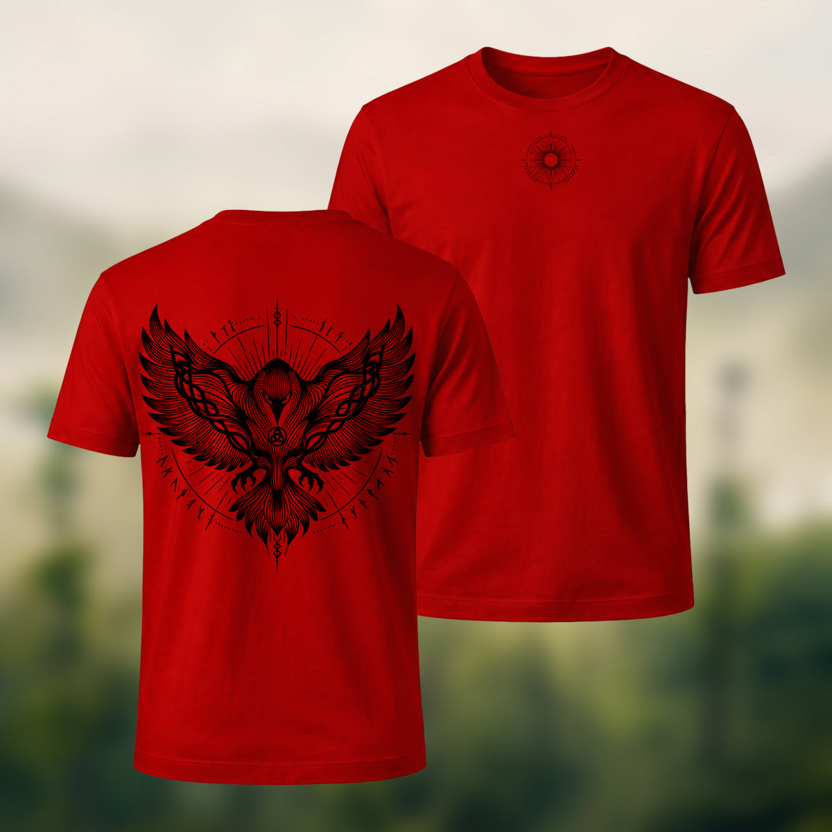 Viking Eagle Print Combed Cotton T-Shirt Red