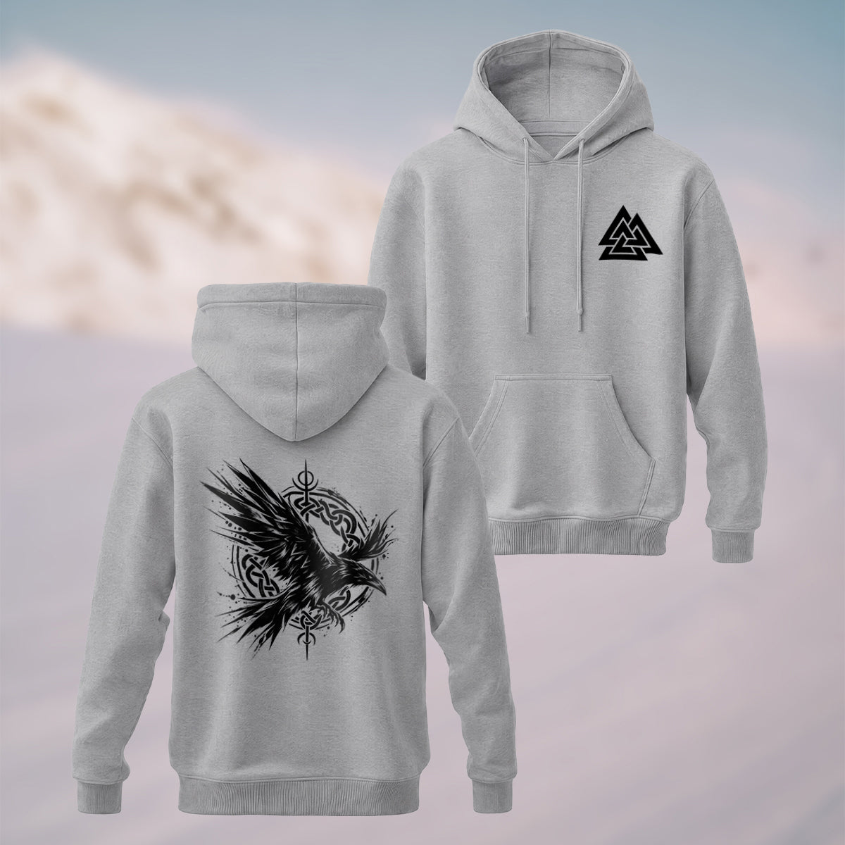 Cotton Made Viking Raven Print Hoodie Heather Grey