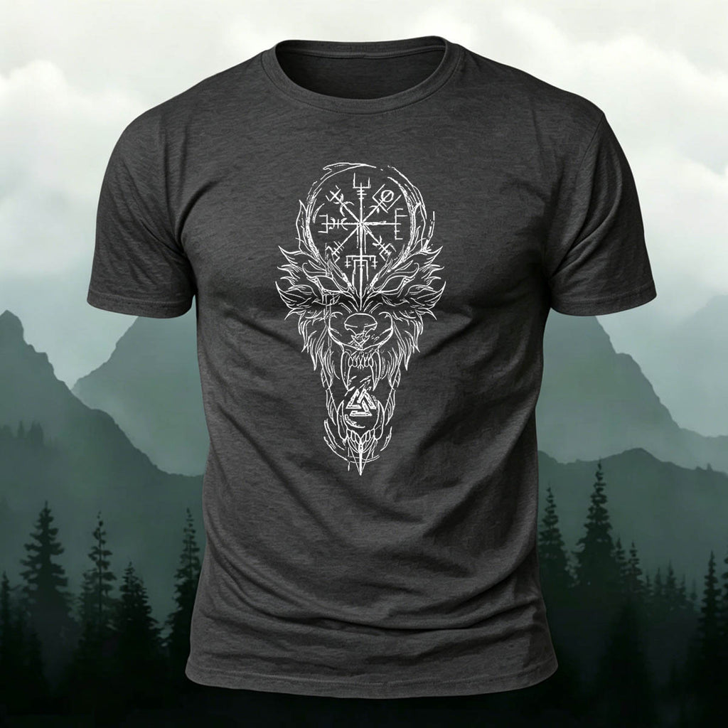 Nordic Wolf Print Casual Soft Cotton T-Shirt Charcoal
