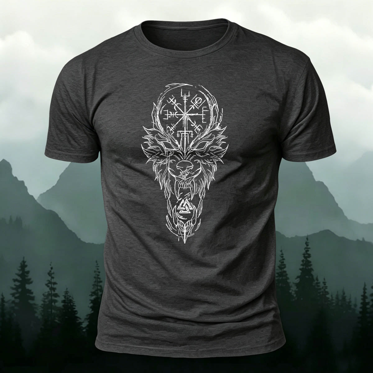 Nordic Wolf Print Casual Soft Cotton T-Shirt Charcoal