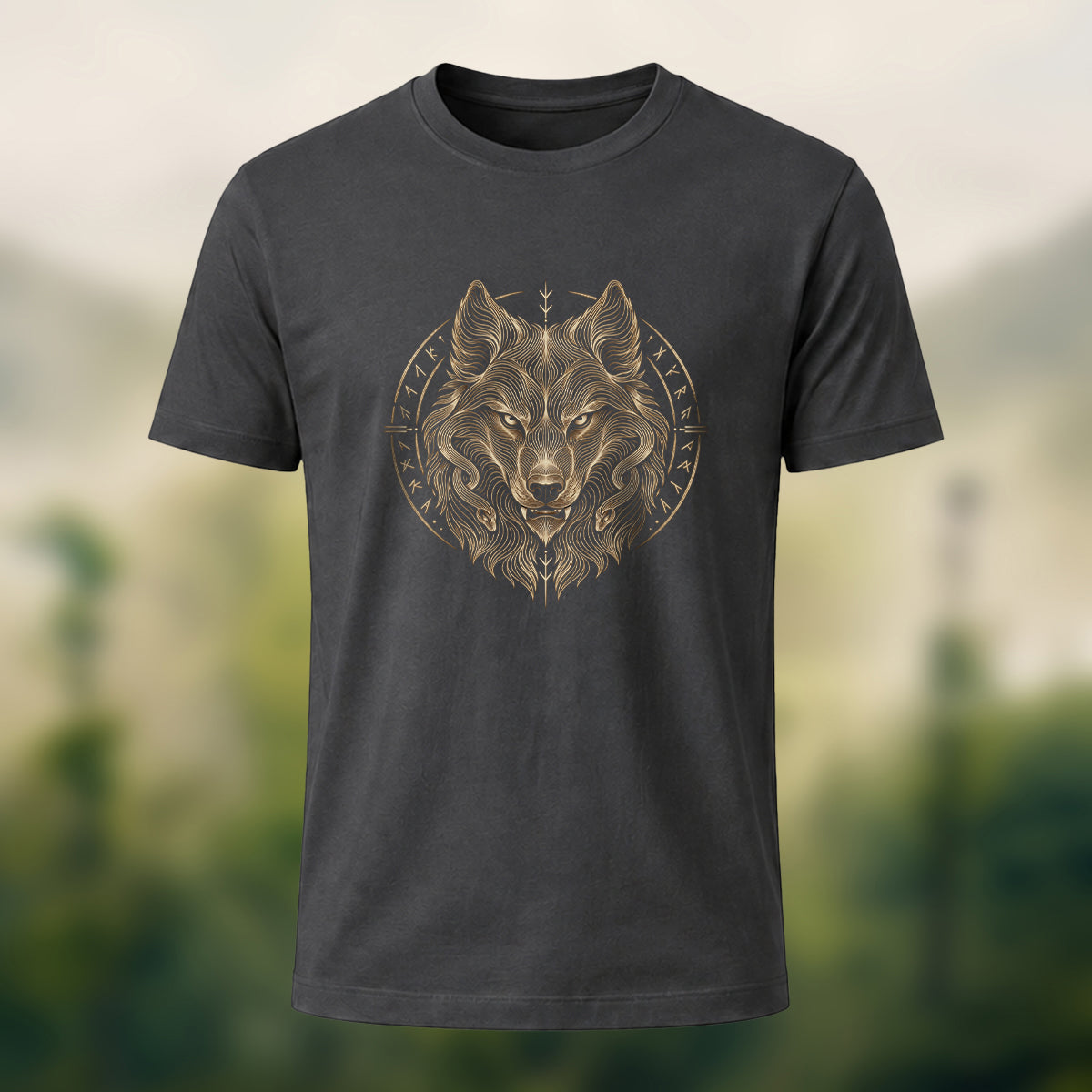 Viking Wolf Print Casual Cotton T-Shirt Charcoal