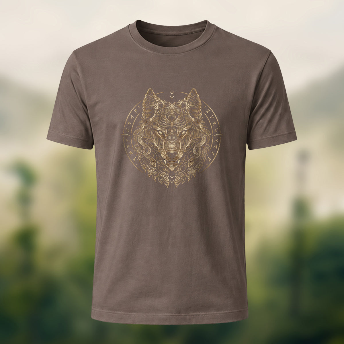 Viking Wolf Print Casual Cotton T-Shirt Coffee