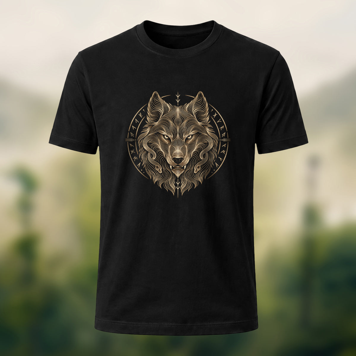 Viking Wolf Print Casual Cotton T-Shirt Black