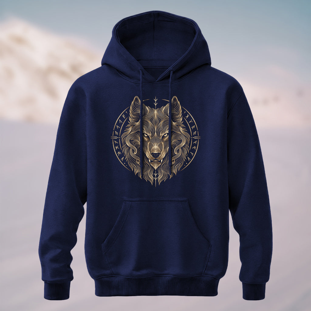 Cotton Made Norse Viking Wolf Hoodie Navy