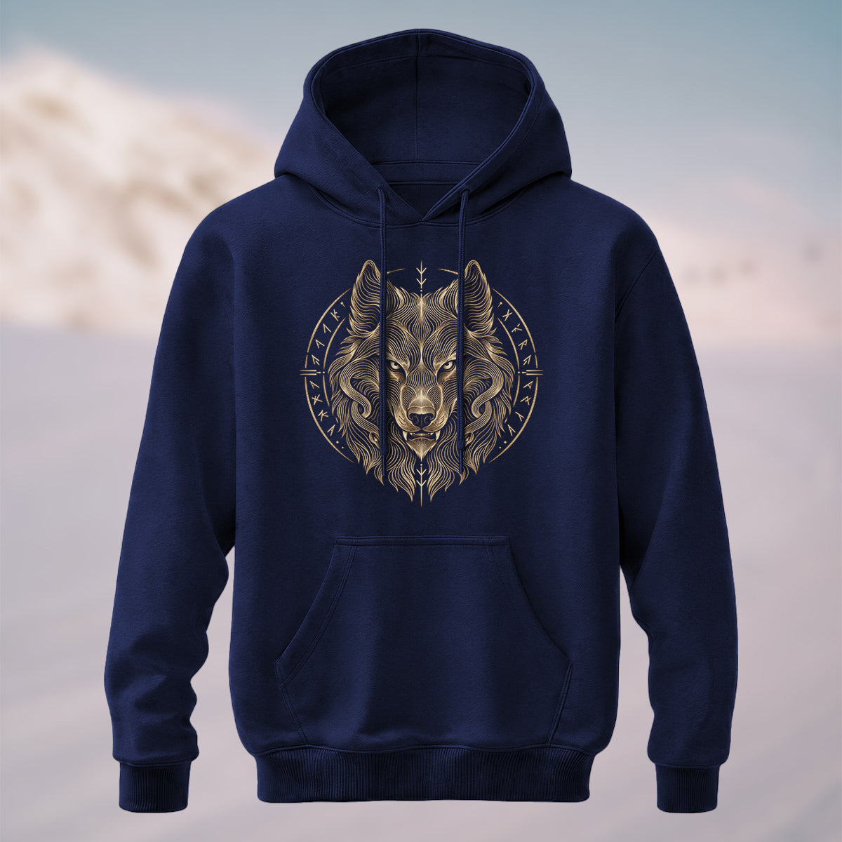 Cotton Made Norse Viking Wolf Hoodie Navy