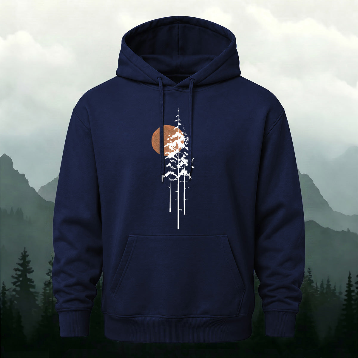 Cotton Made Tree Silhouettes Round Sun Print Hoodie Navy