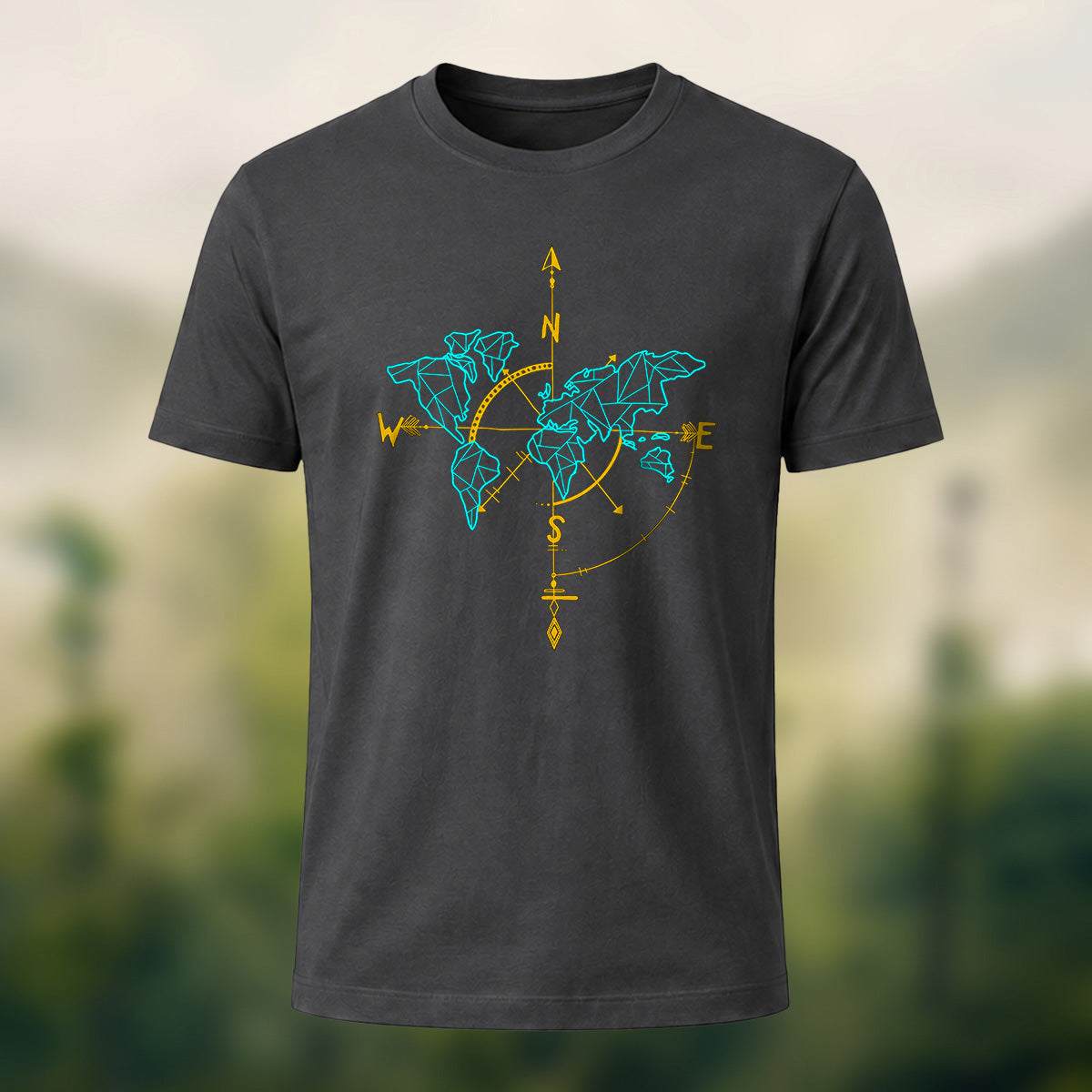 Vintage World Map Compass Soft Cotton T-Shirt Charcoal