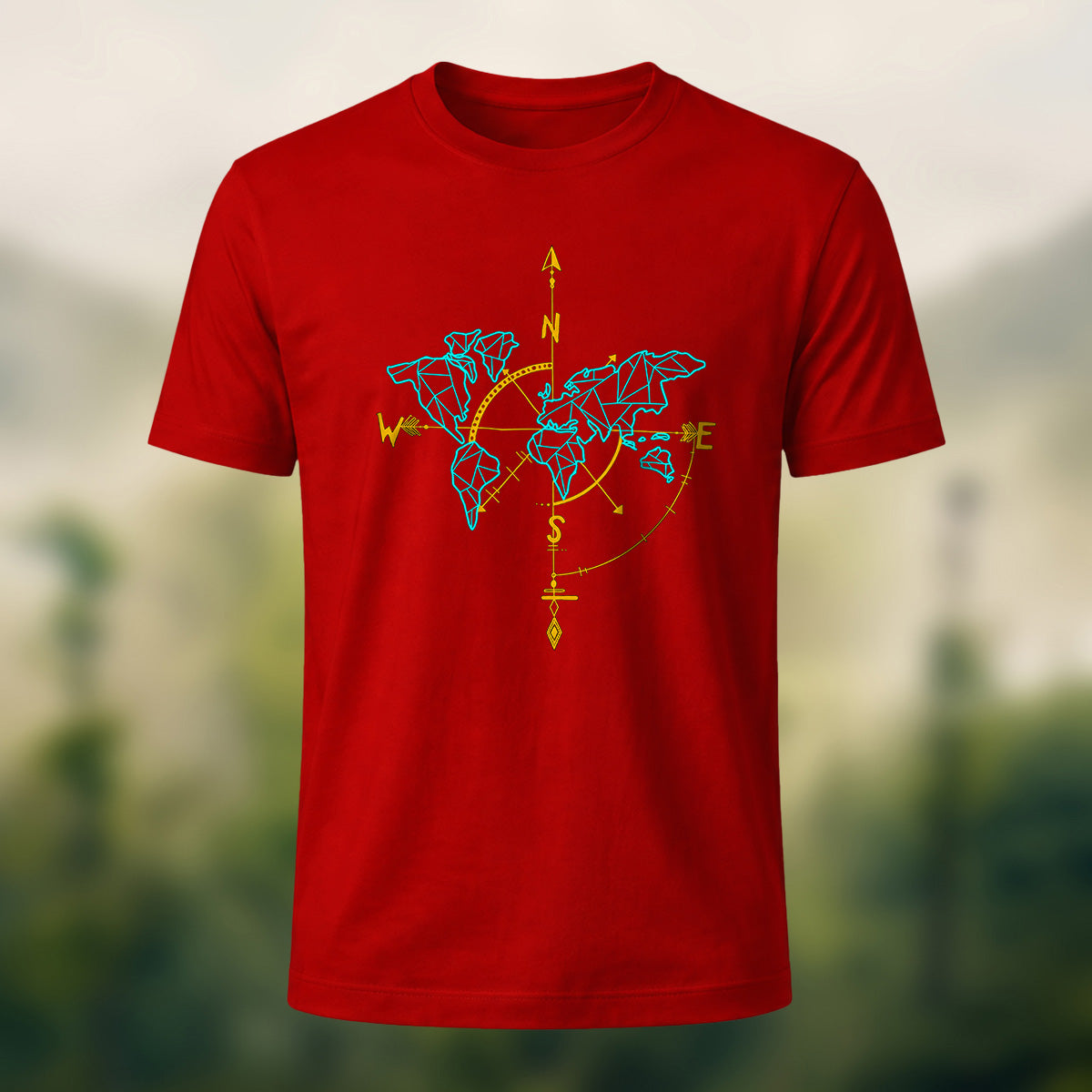 Vintage World Map Compass Soft Cotton T-Shirt Red