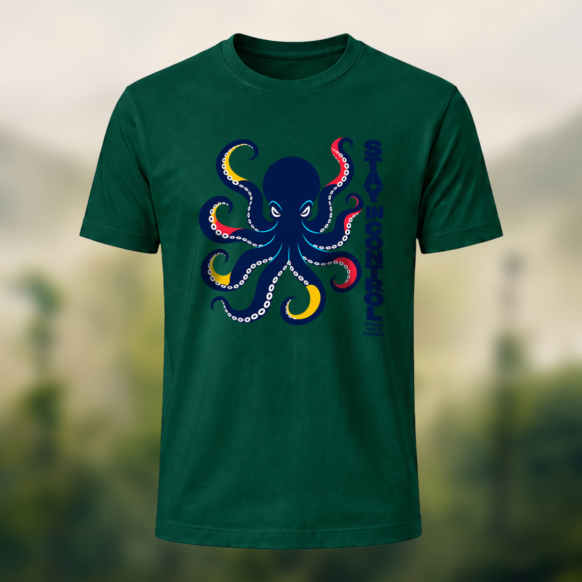 Artistic Oceanic Octopus Soft Cotton T-Shirt Forest Green