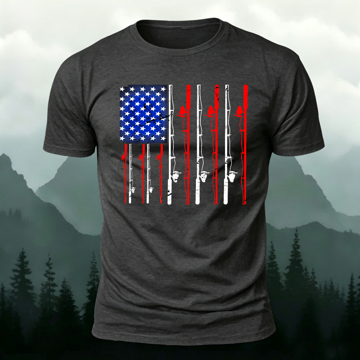 American-style Fishing Rod Pattern Cotton T-shirt