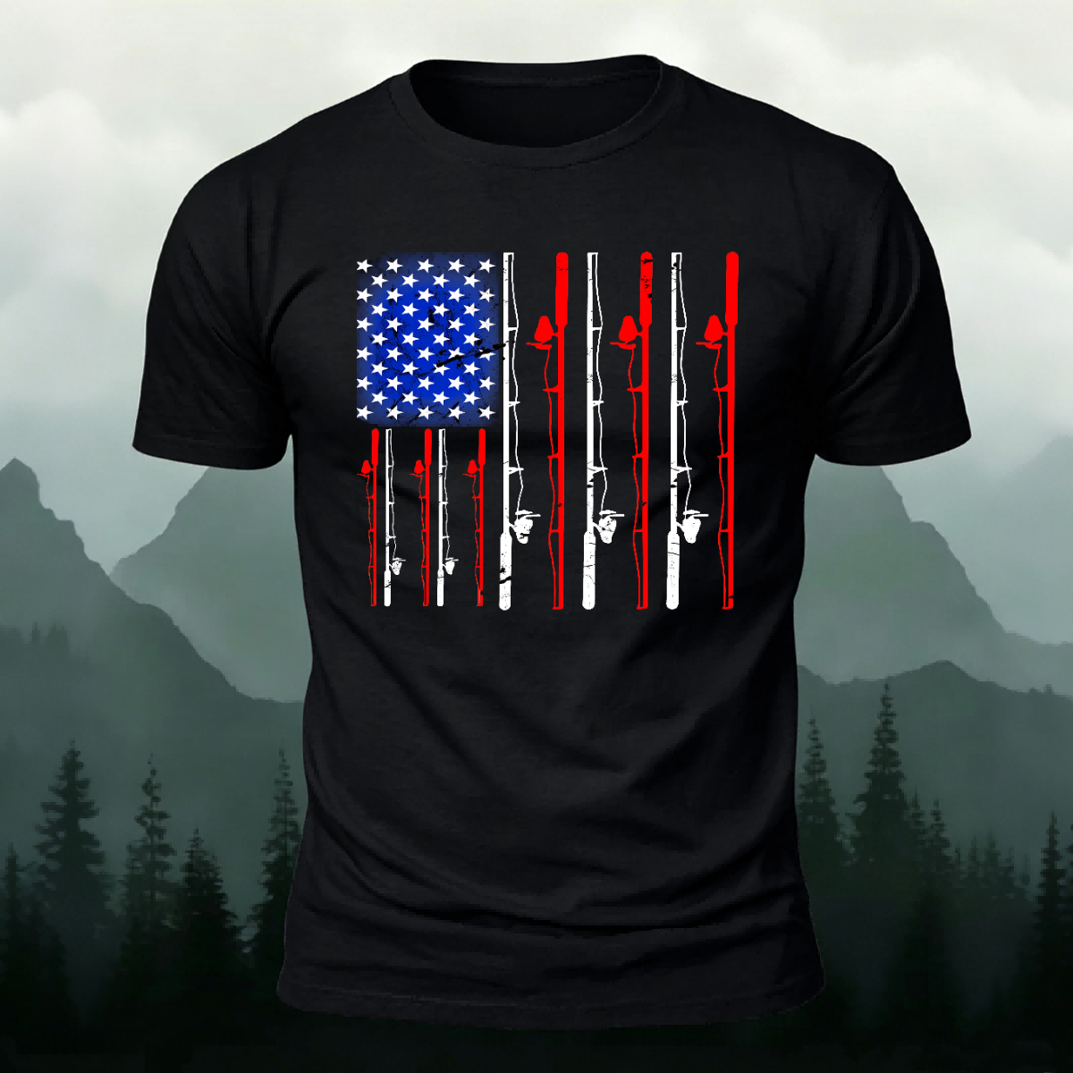 American-style Fishing Rod Pattern Cotton T-shirt