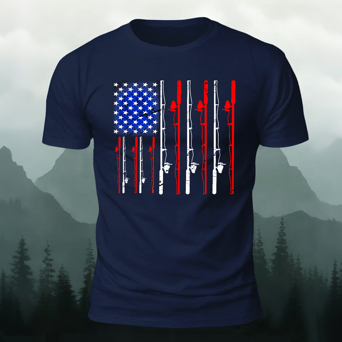 American-style Fishing Rod Pattern Cotton T-shirt