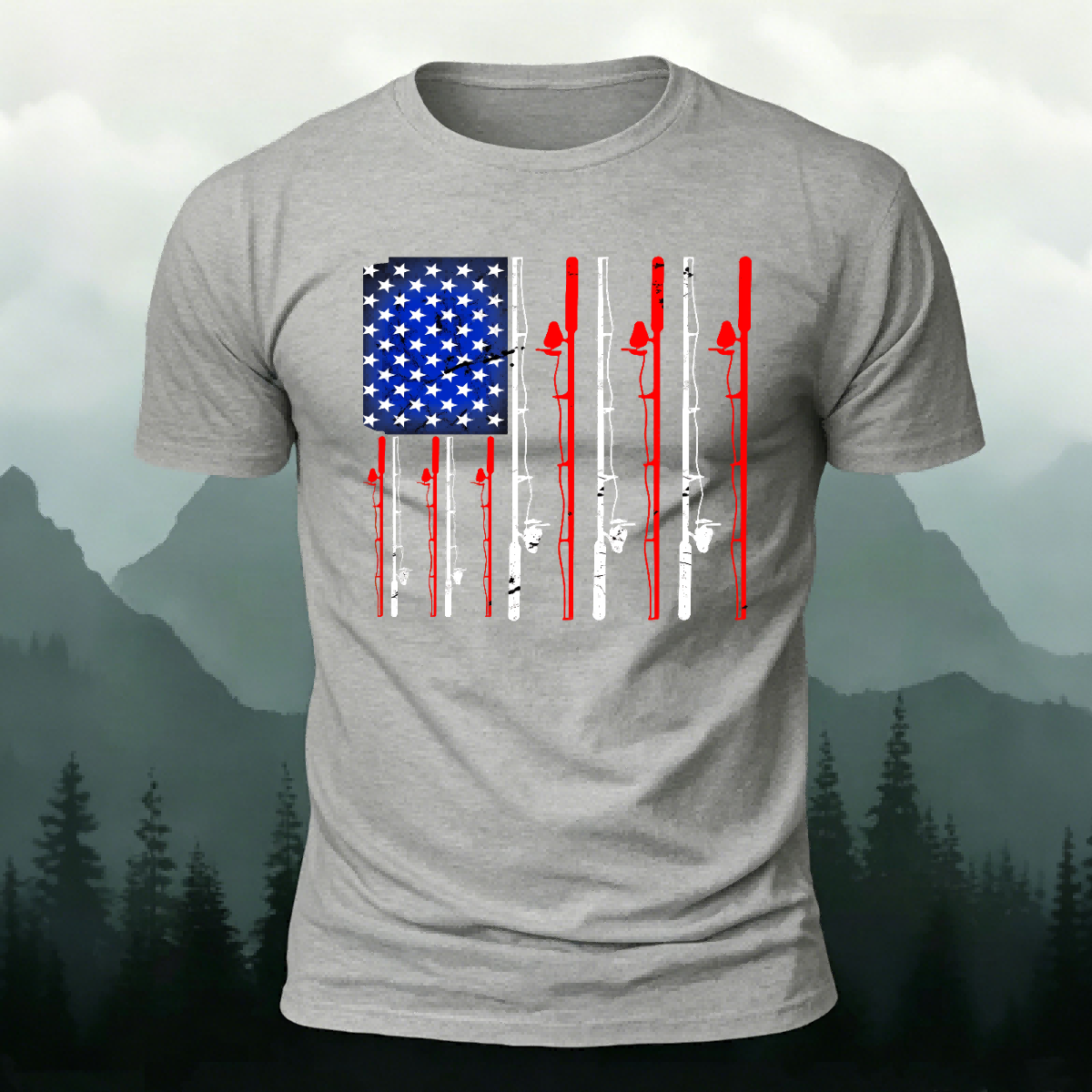 American-style Fishing Rod Pattern Cotton T-shirt