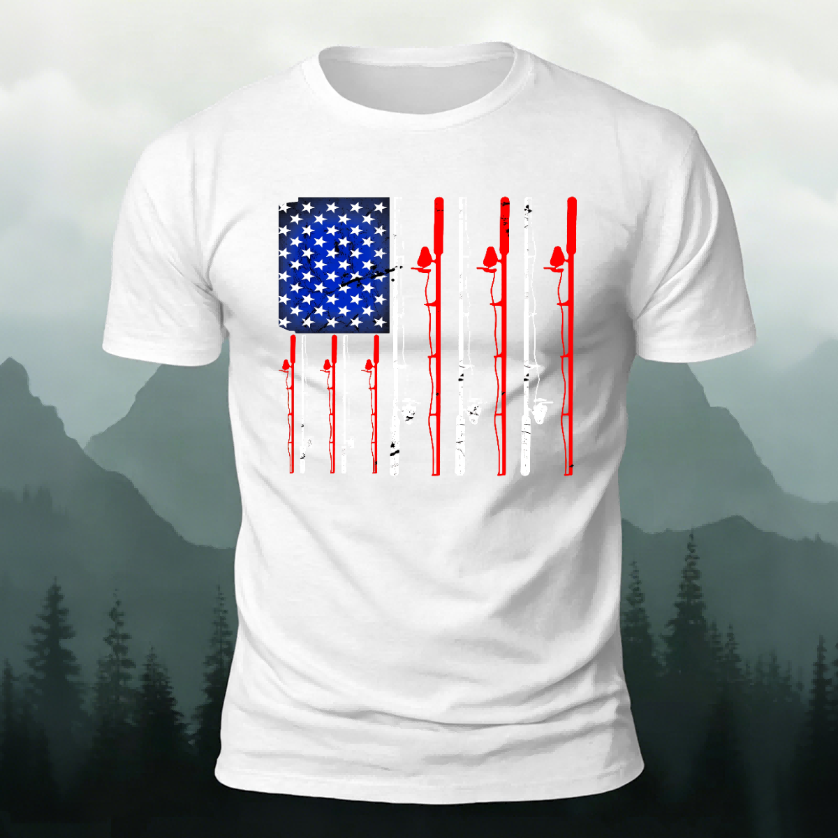 American-style Fishing Rod Pattern Cotton T-shirt