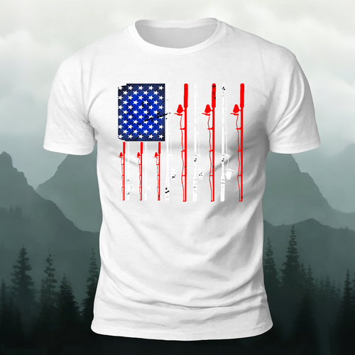 American-style Fishing Rod Pattern Cotton T-shirt