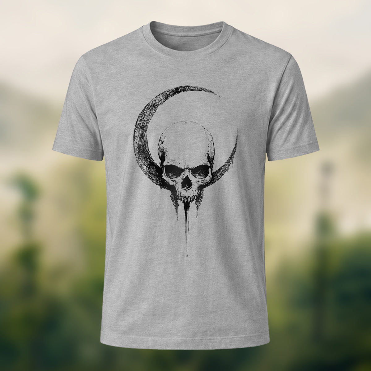Crescent Moon Encircling Skull Print Soft Cotton Tee