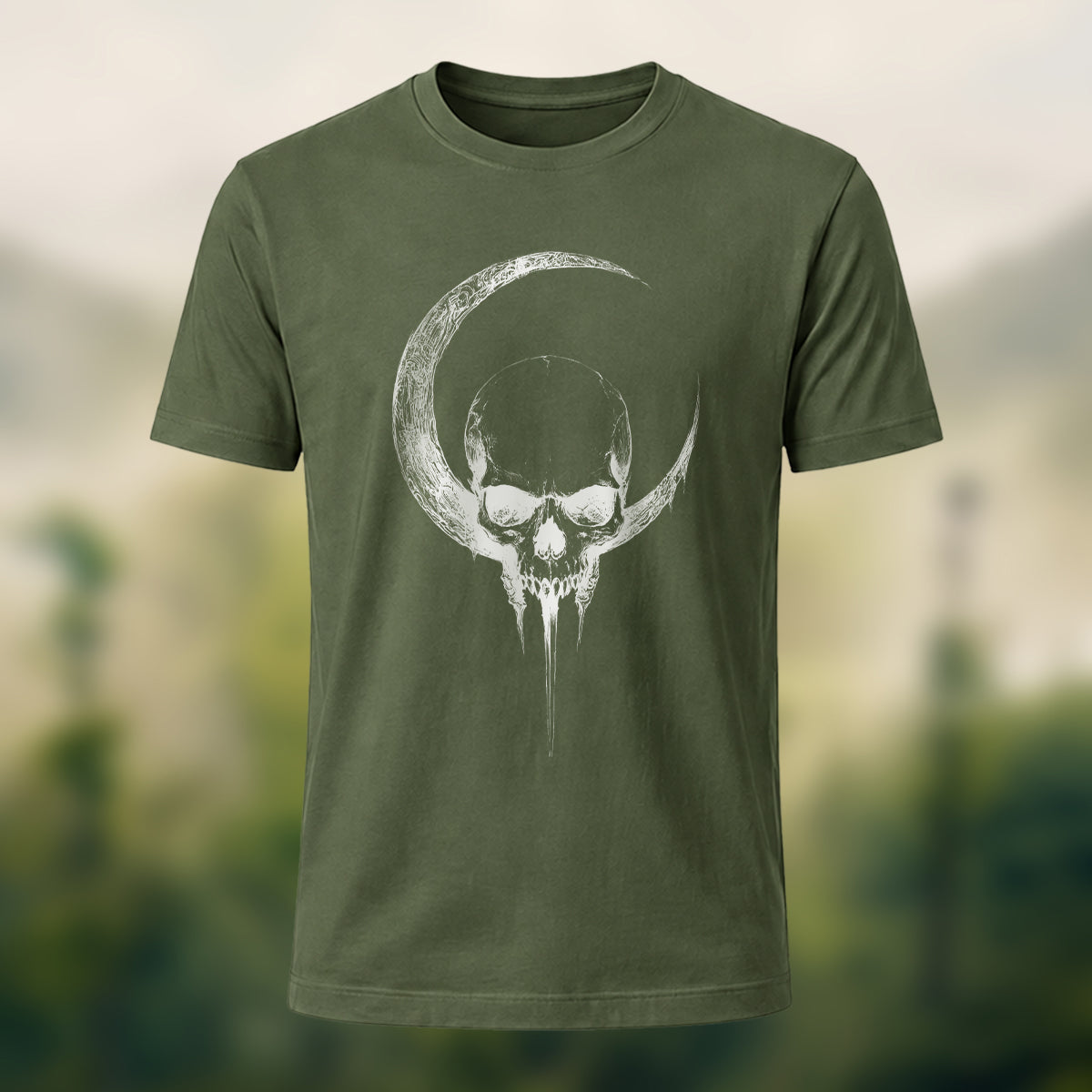 Crescent Moon Encircling Skull Print Soft Cotton Tee