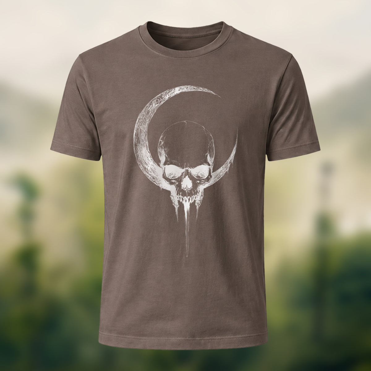 Crescent Moon Encircling Skull Print Soft Cotton Tee