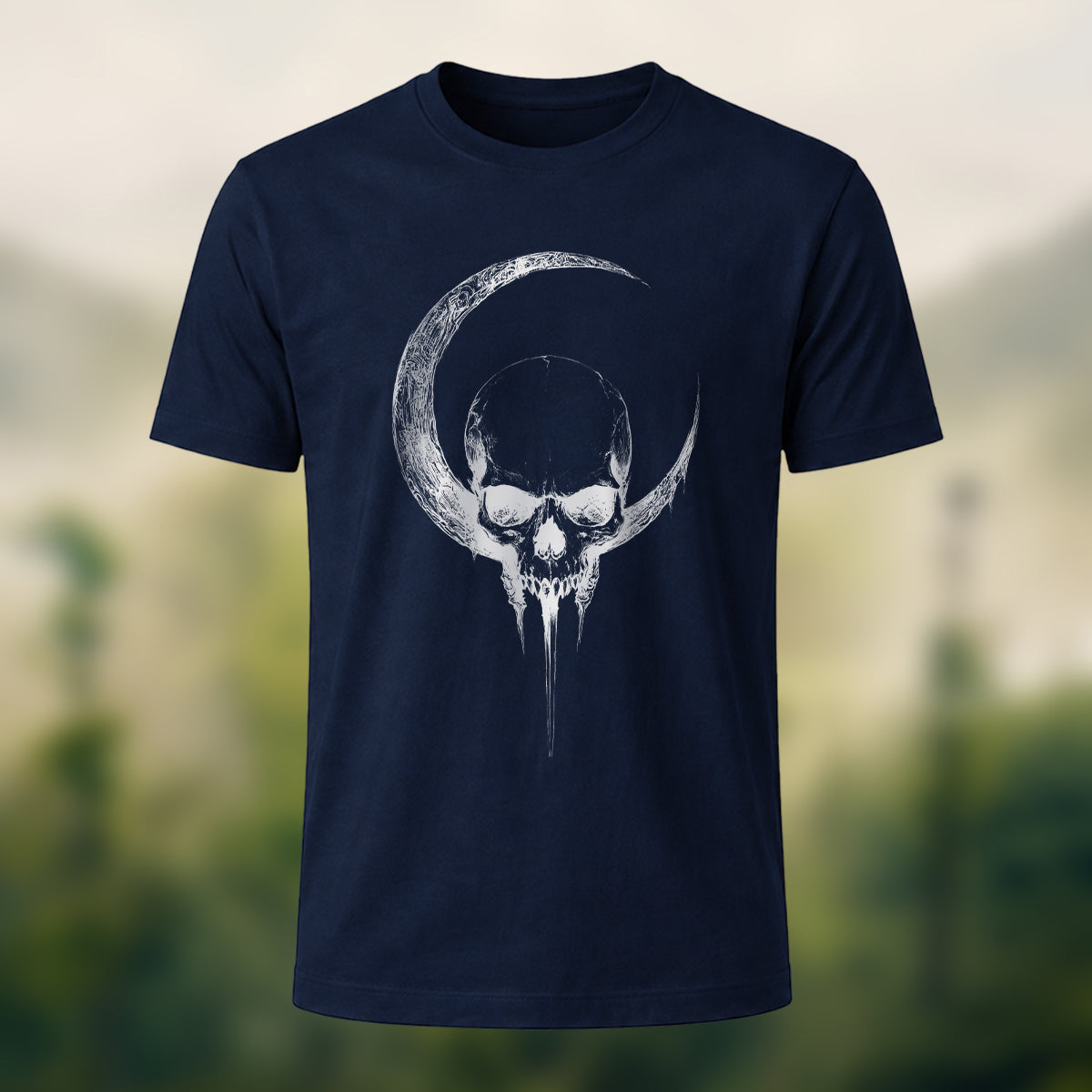 Crescent Moon Encircling Skull Print Soft Cotton Tee