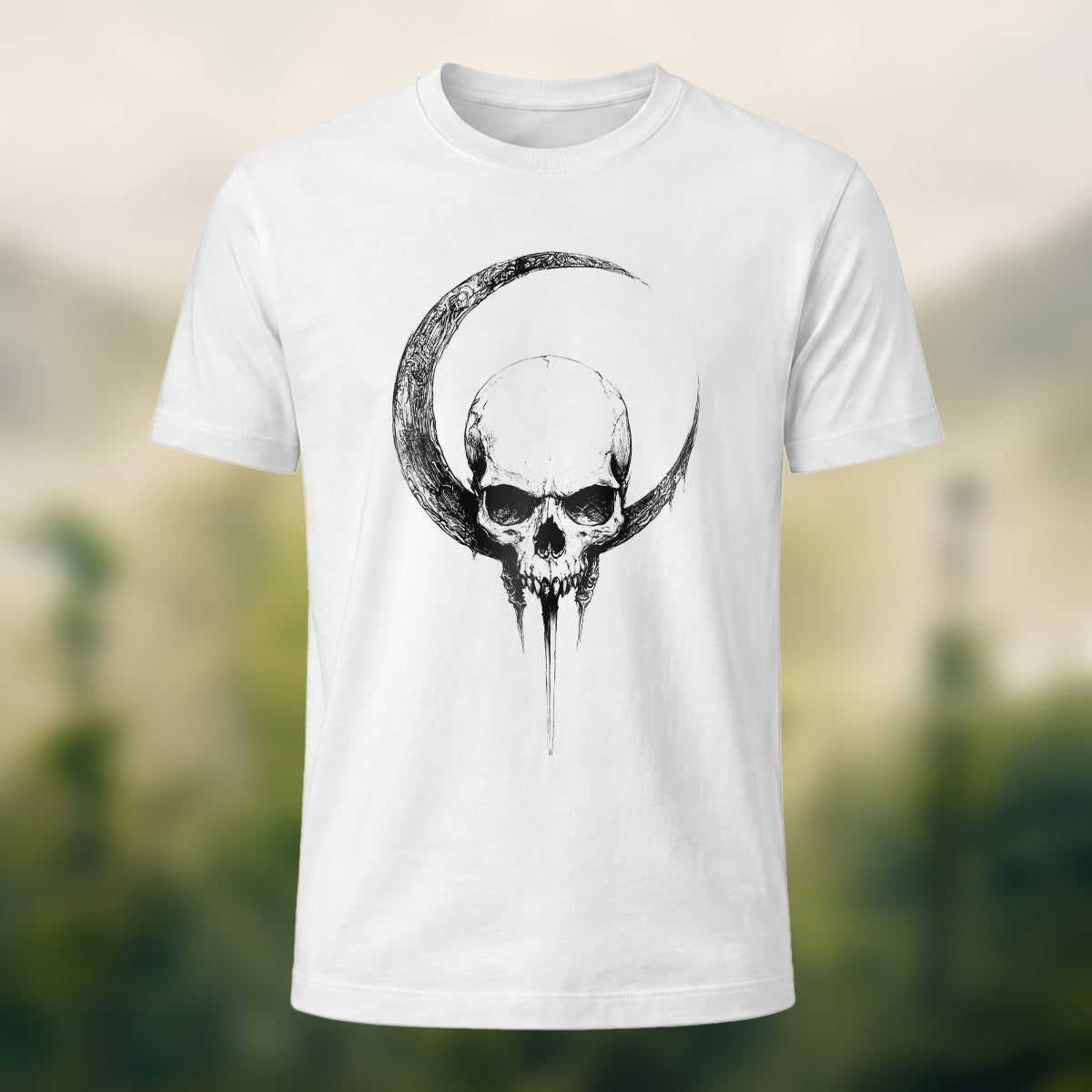 Crescent Moon Encircling Skull Print Soft Cotton Tee